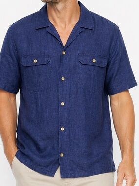 Baird McNutt Linen Shirt Murano Blue Short Sleeve Button Up Mens M